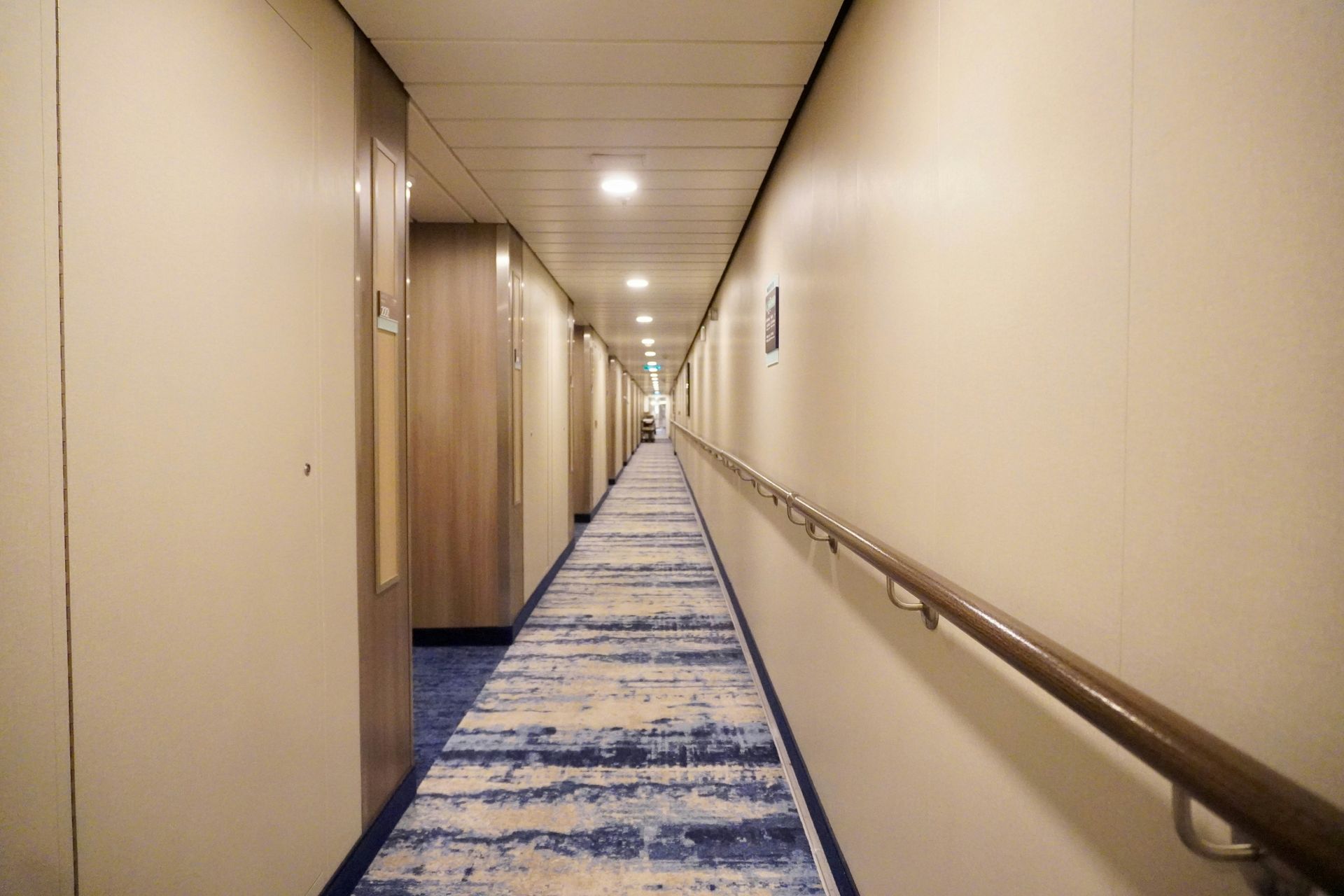 Long, narrow hallway on a ship with doors on both sides, carpet, and a handrail.