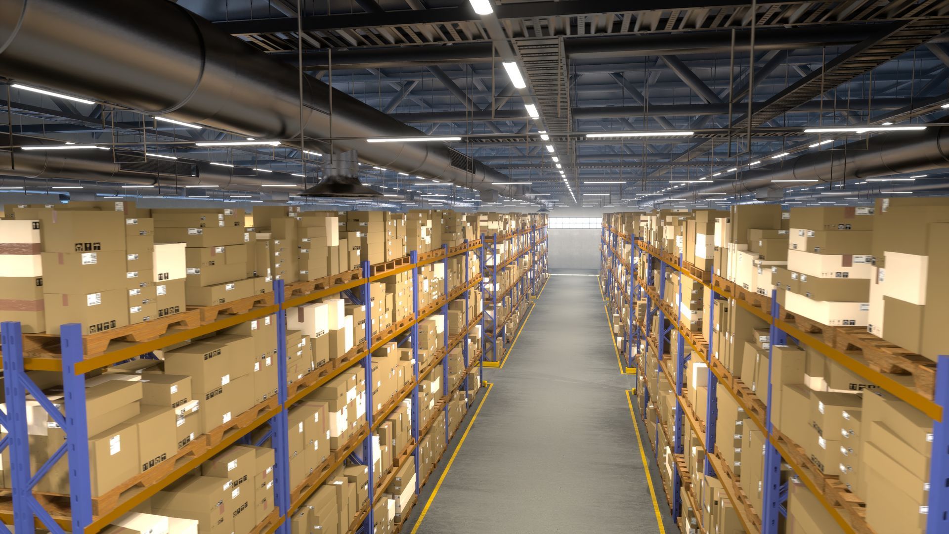 Warehouse interior with rows of shelves filled with cardboard boxes.