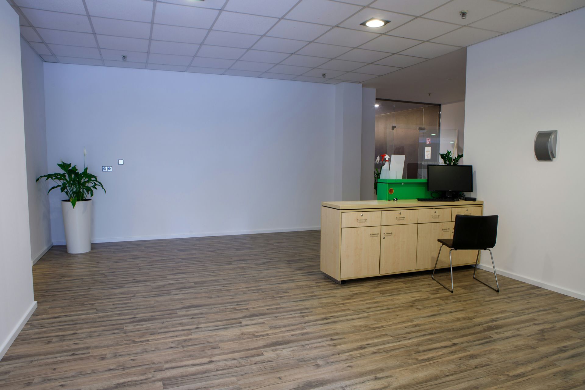 Empty office space with a reception desk, plant, and a black chair.