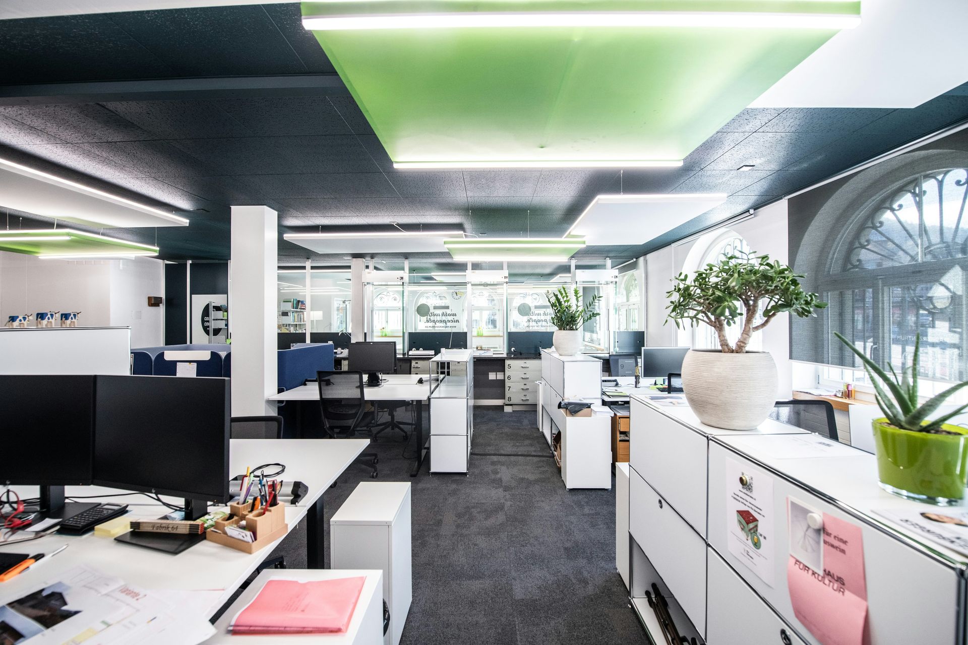 Modern office interior with workstations, plants, and arched window.