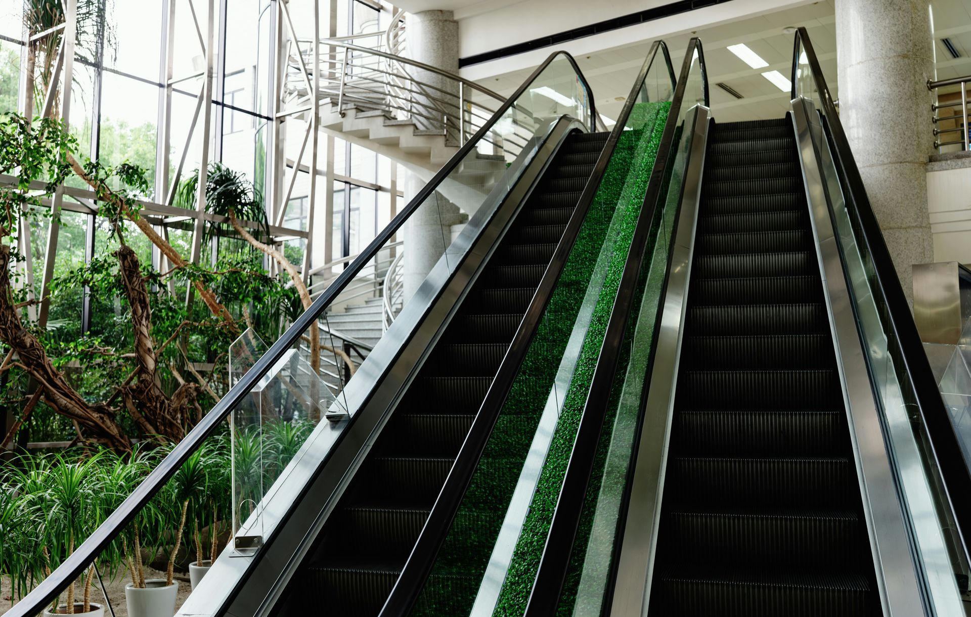 Two escalators, one with green artificial turf in the center, ascend. Interior setting with plants and a staircase.