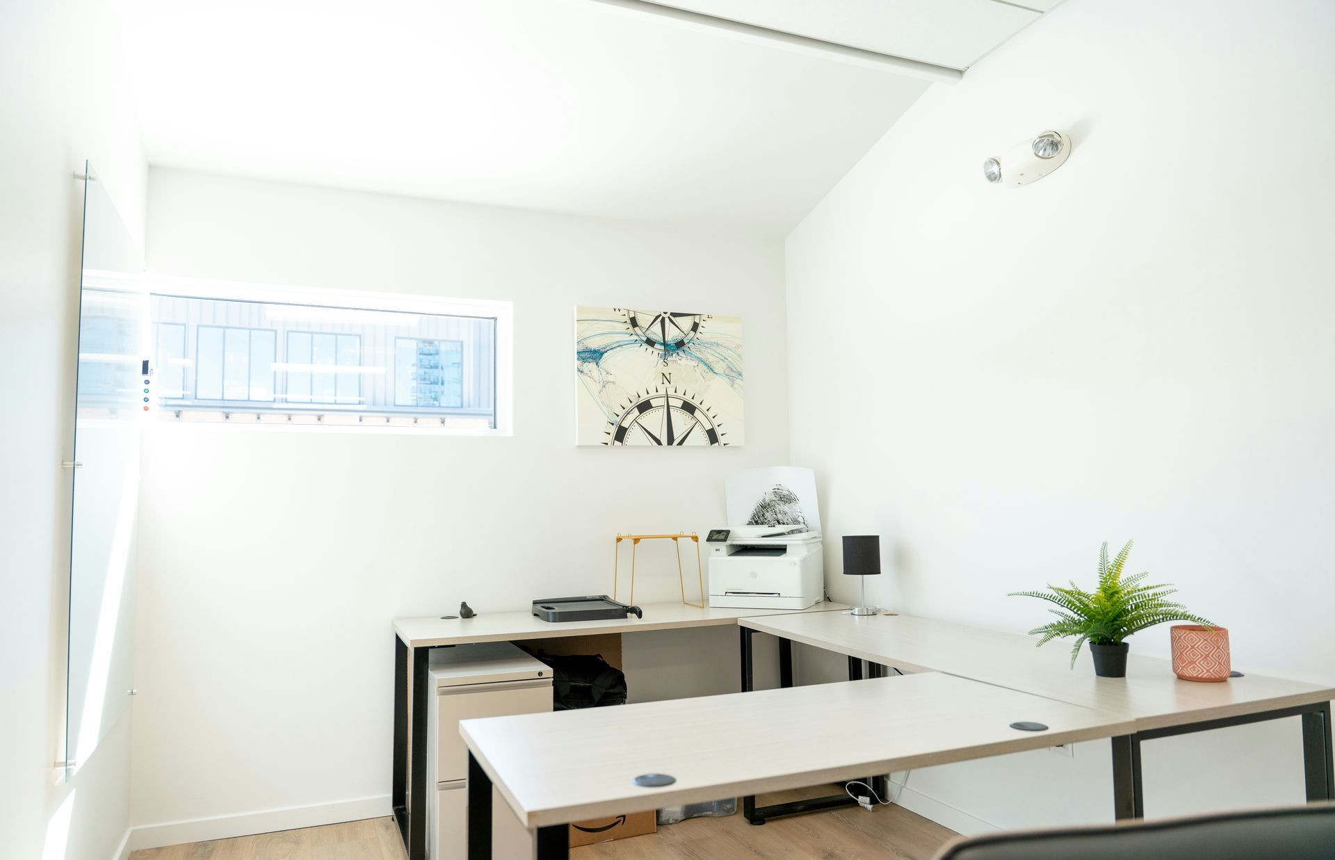 Bright office with a white desk, printer, and plant. Artwork hangs on a white wall.