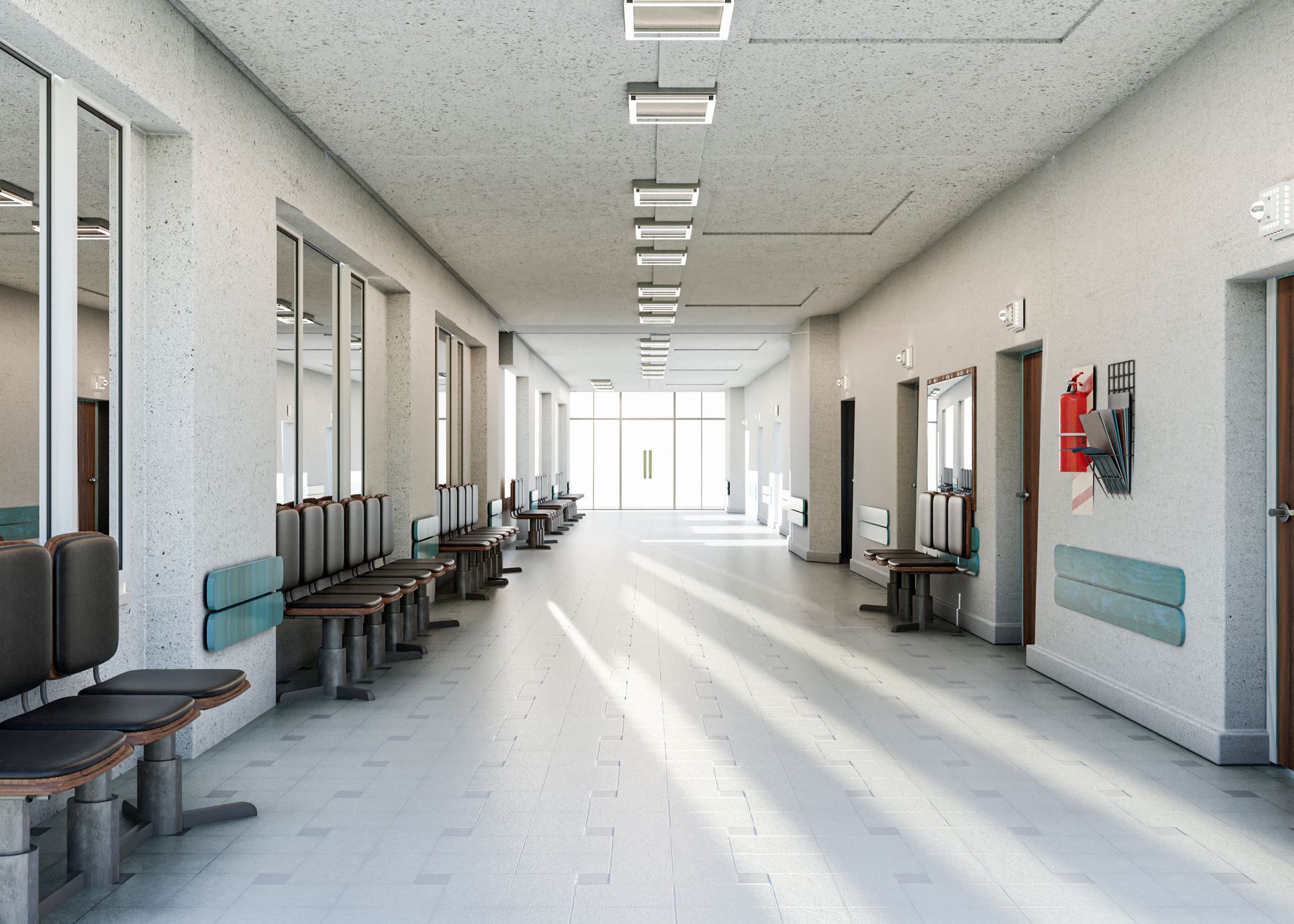 Empty hospital hallway with benches, windows, and doors. Bright overhead lights illuminate the floor.