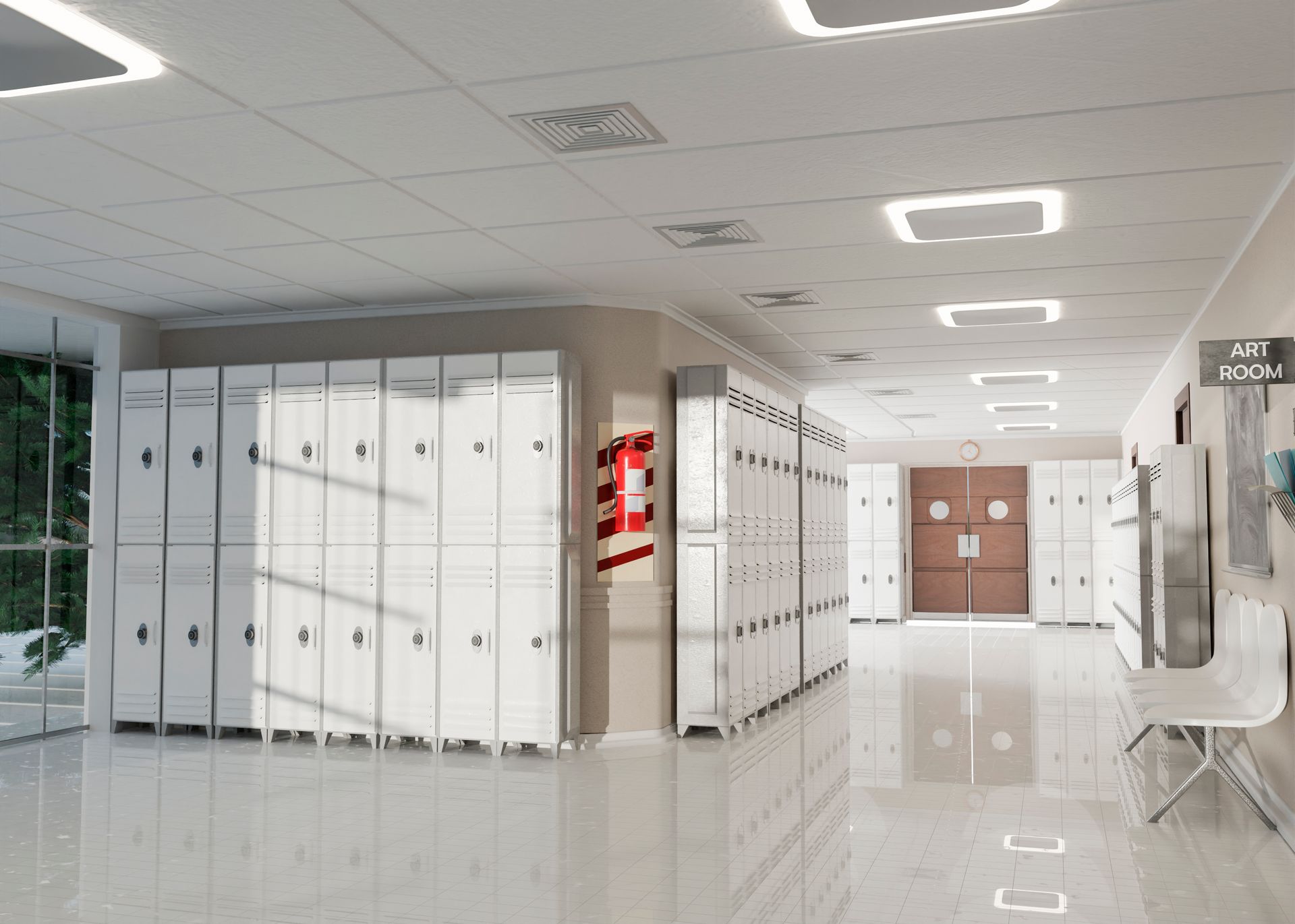 School hallway with white lockers, shiny floor, bright lighting. A waiting area with a chair.