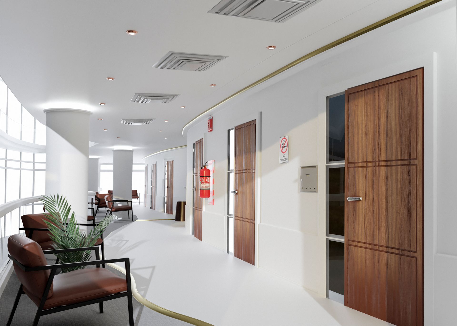 Long, bright hospital hallway with wooden doors and seating area.