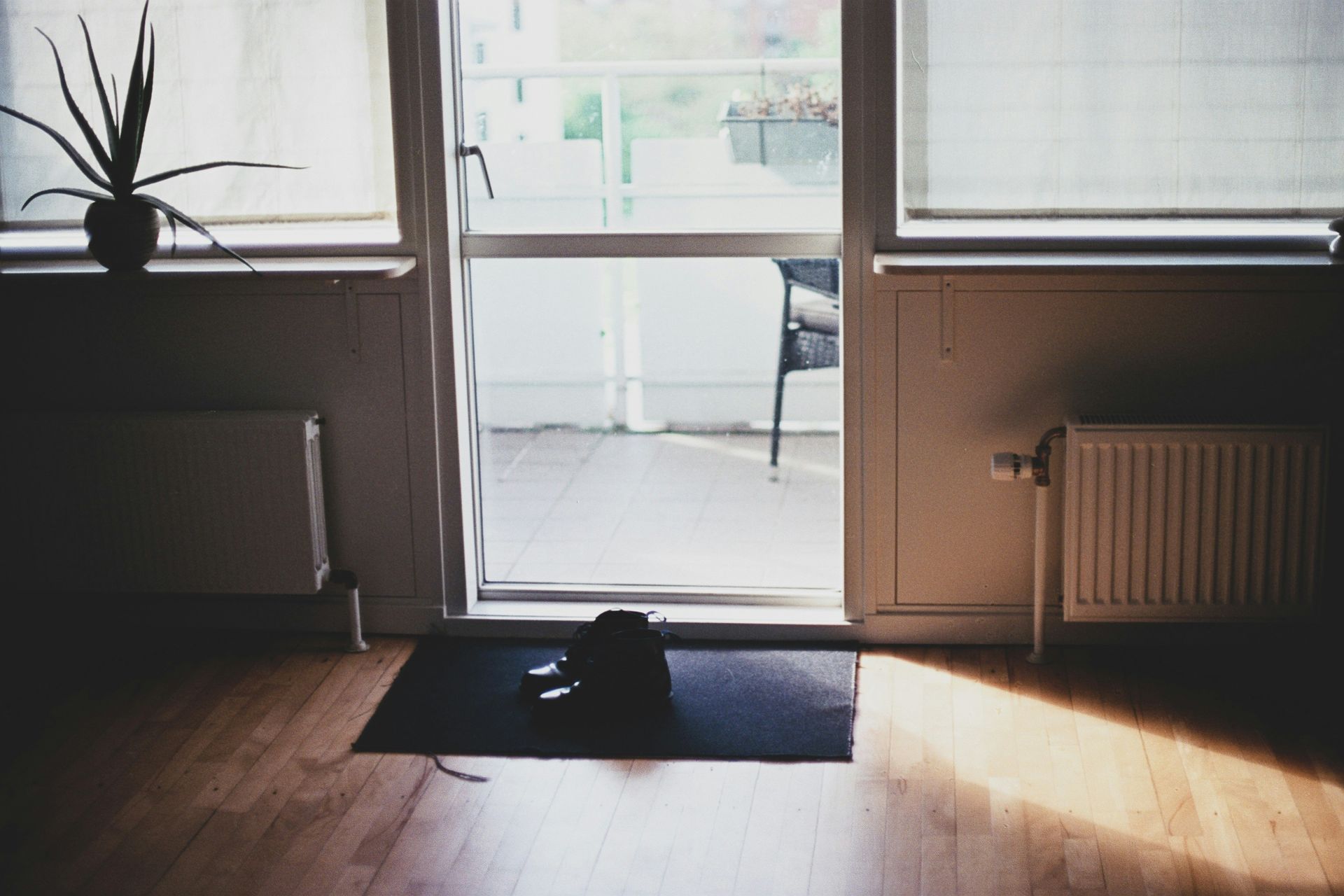 Doorway with open door to a balcony. Black mat and shoes inside. Aloe plant and radiators on either side.