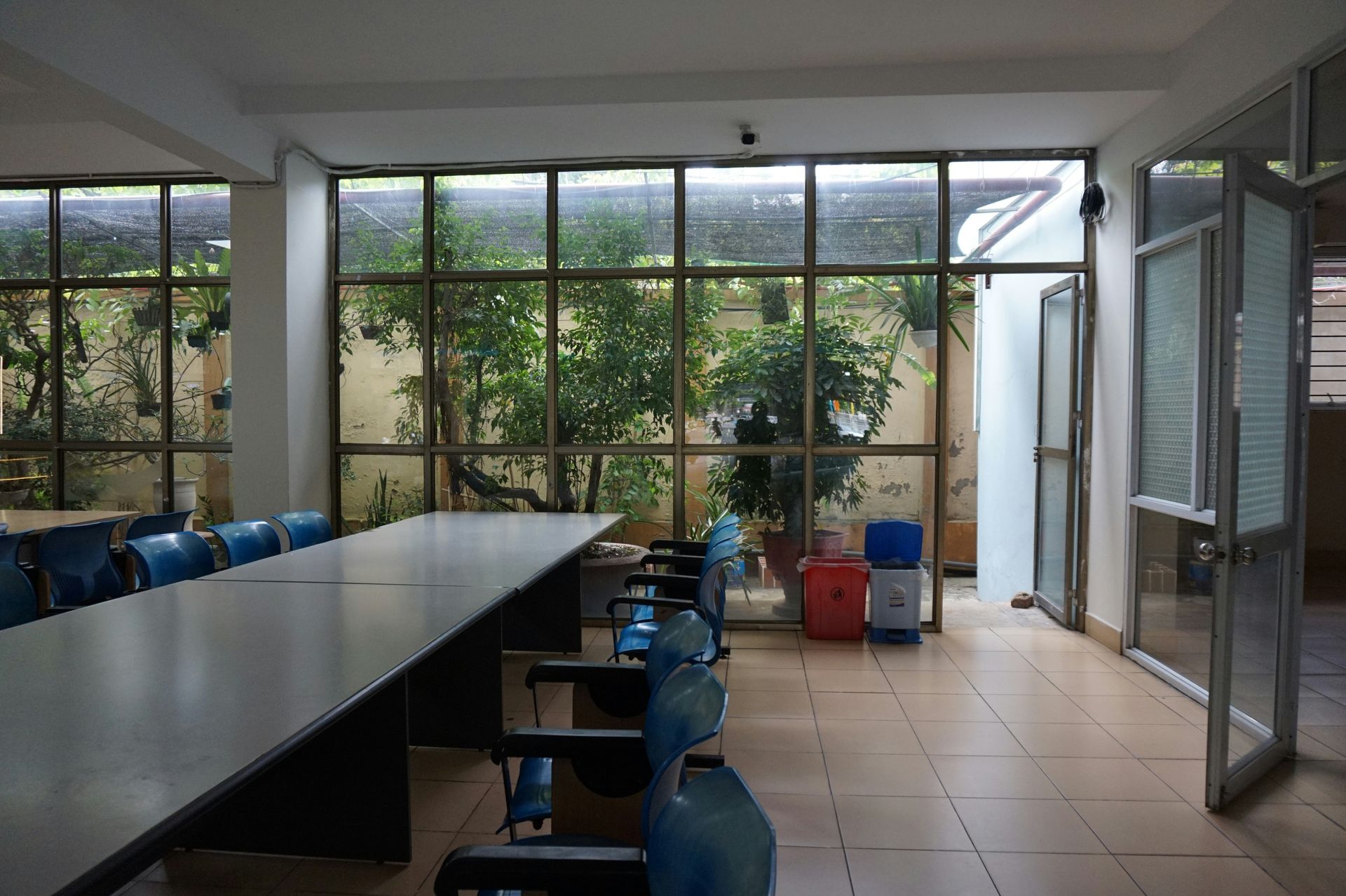 Long conference table with chairs. Large windows look out to a green, walled outdoor area.