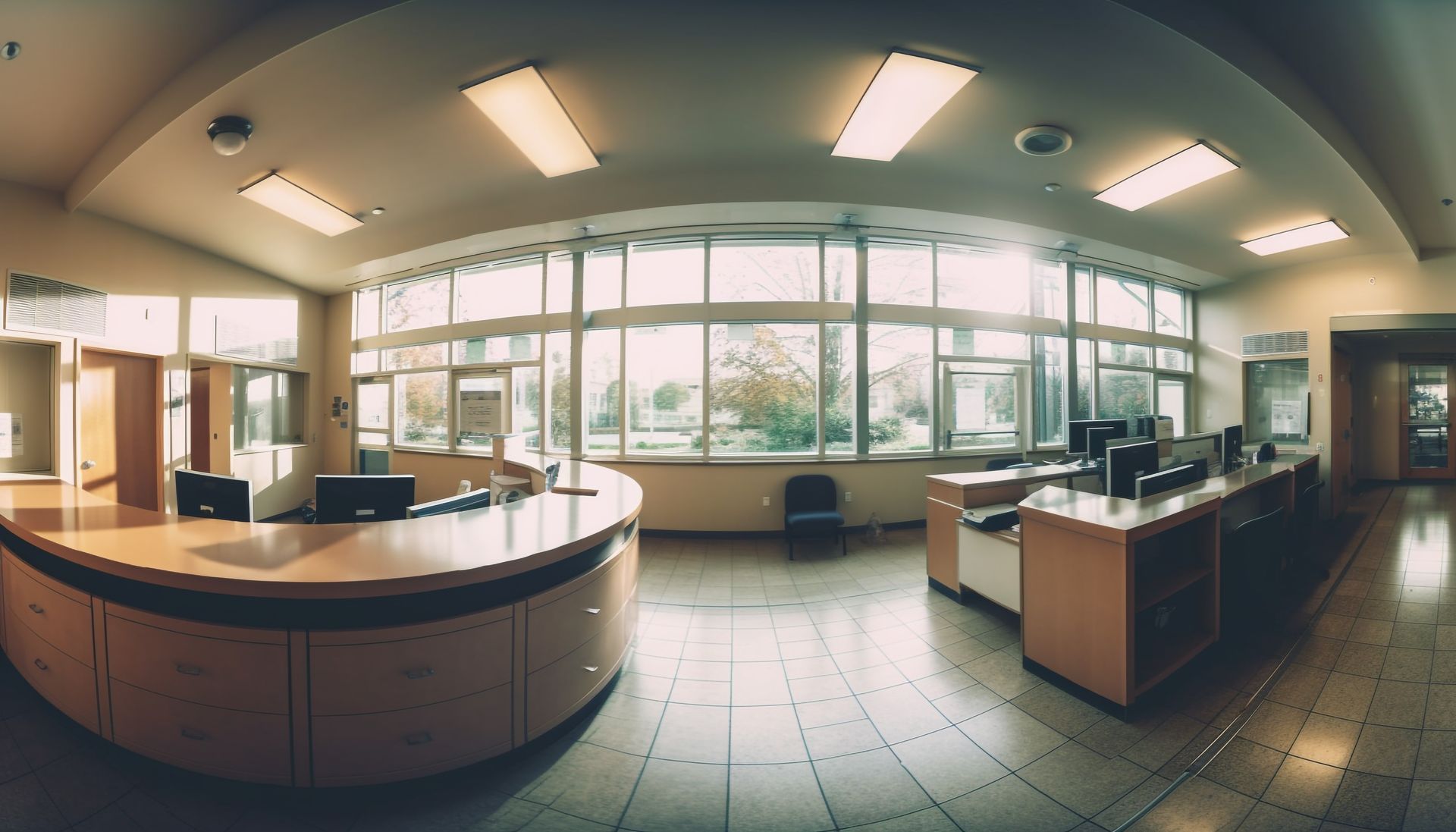 Reception area with curved desk, large windows, and computer stations.