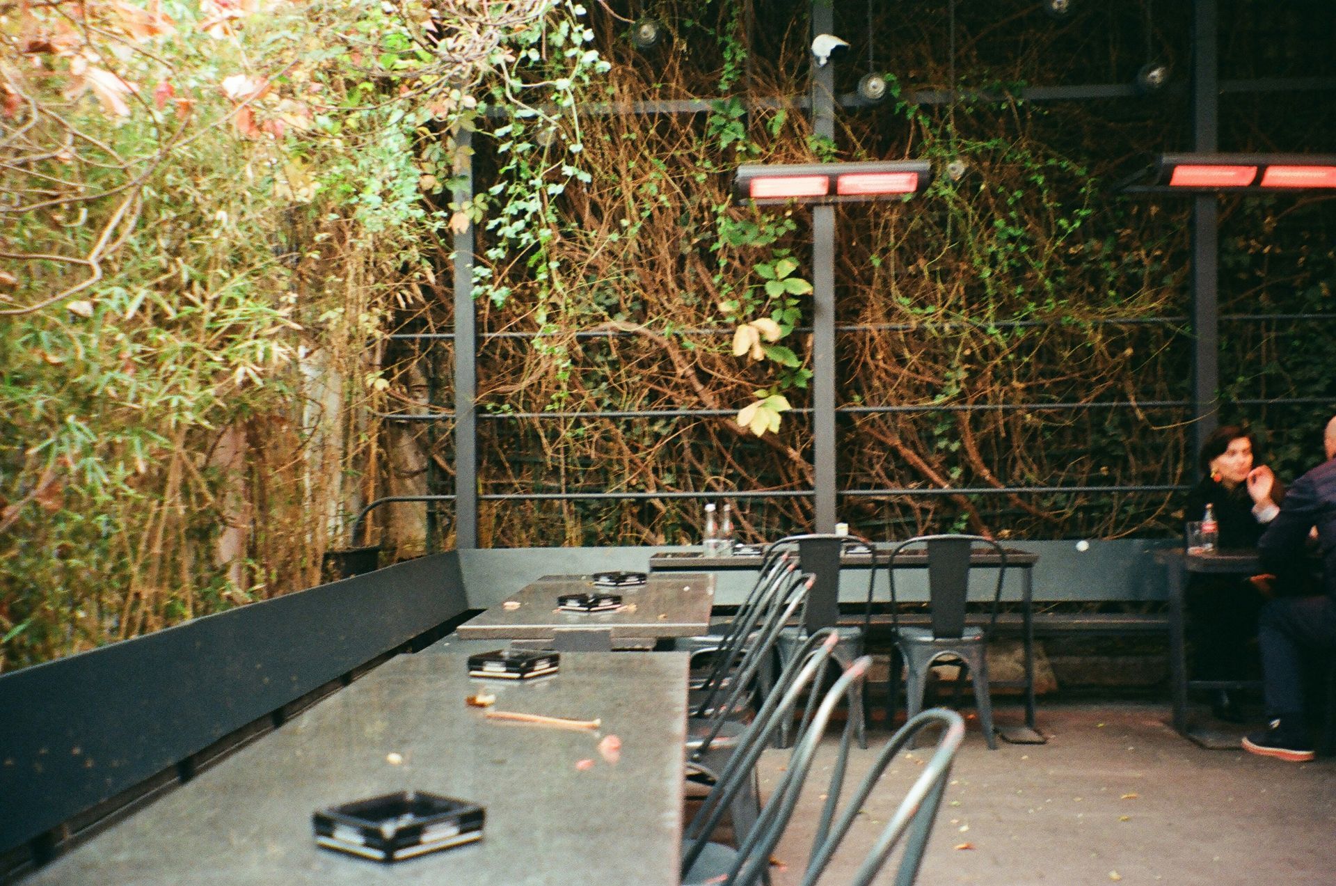 Outdoor restaurant patio with tables, chairs, and leafy wall. Two people seated, one eating.