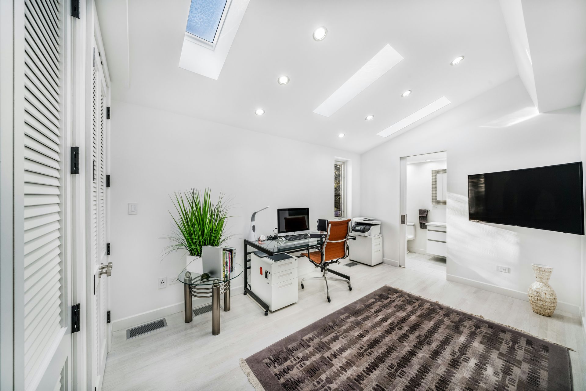 Bright white home office with skylight, desk, TV, and rug.