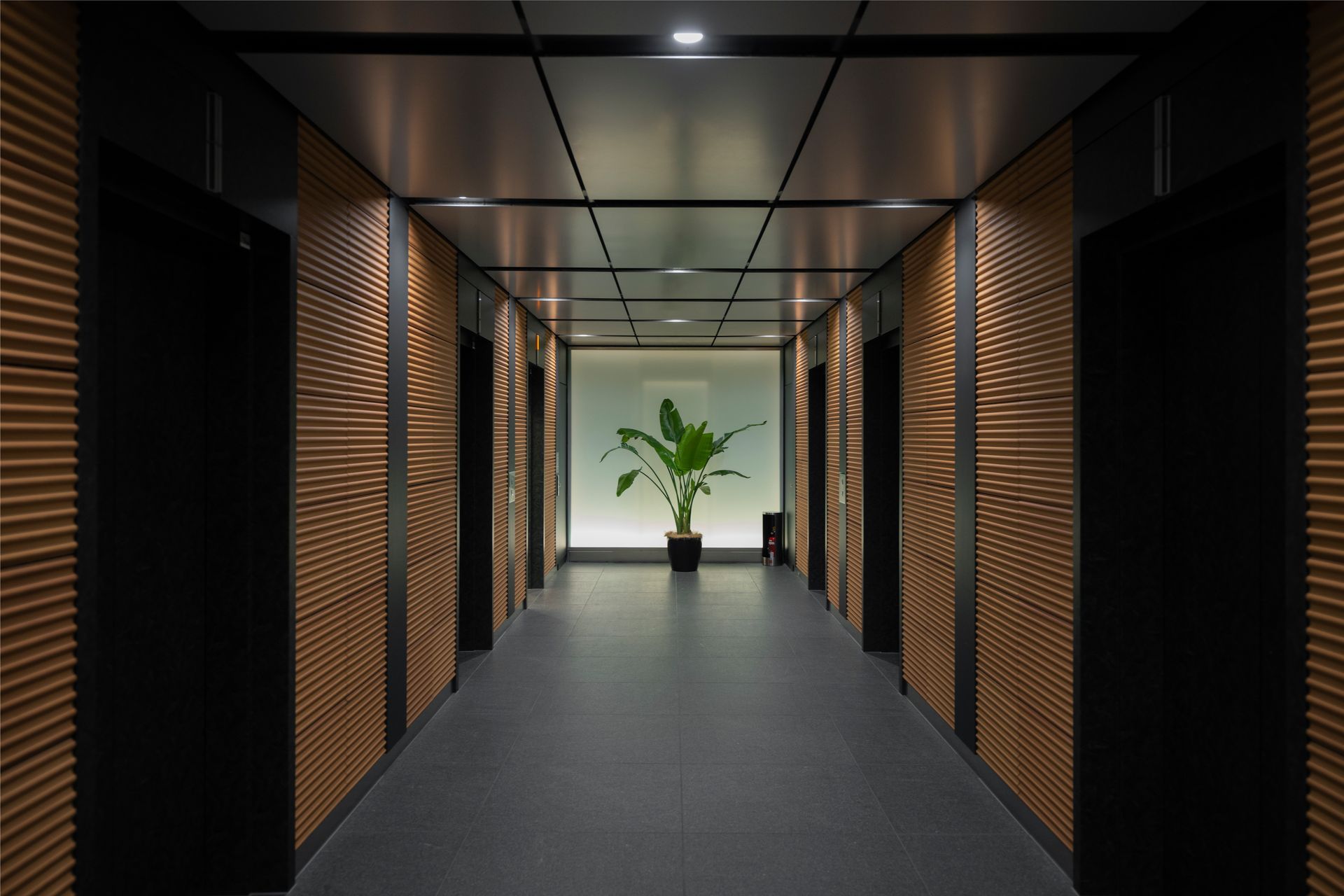 Long hallway with wood paneling, black doors, and a plant at the end.
