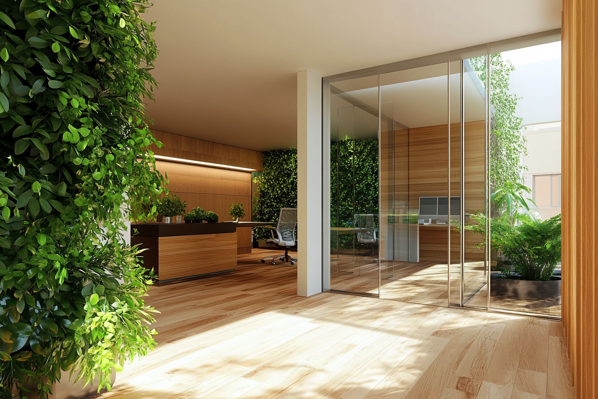 Office interior with wood floors, green walls, glass doors, and sunlight.