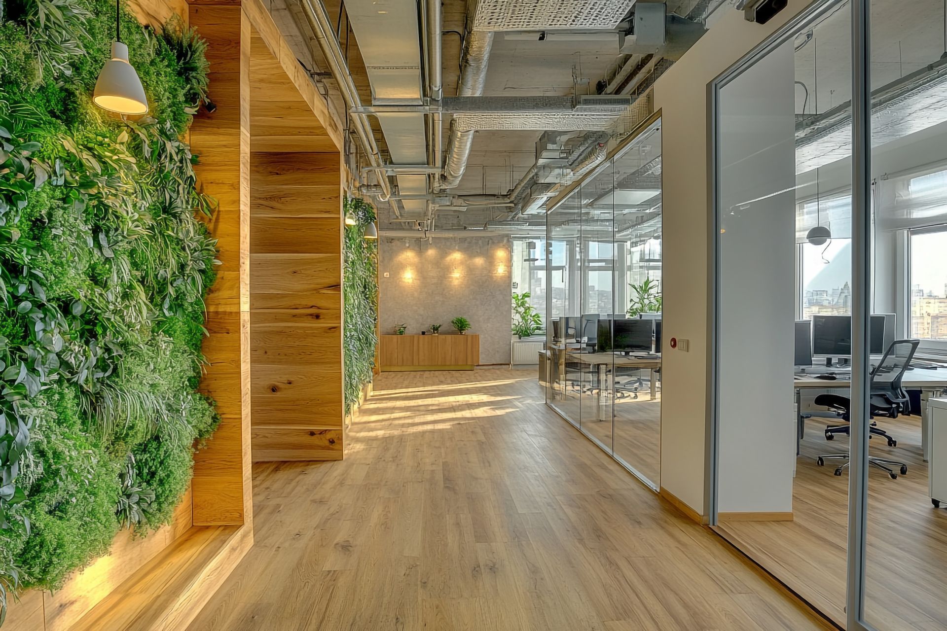 Modern office interior with wooden floors, living plant wall, and glass-walled workspaces.