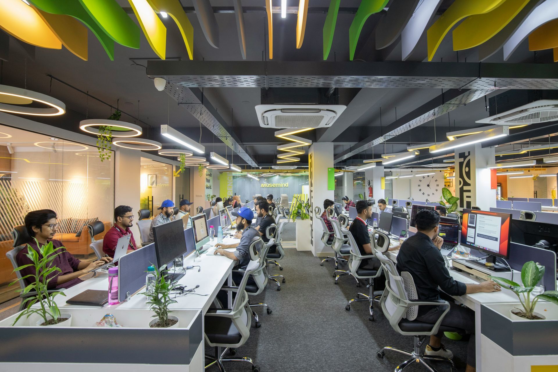 Open-plan office with people working at computers, under decorative lighting and greenery.