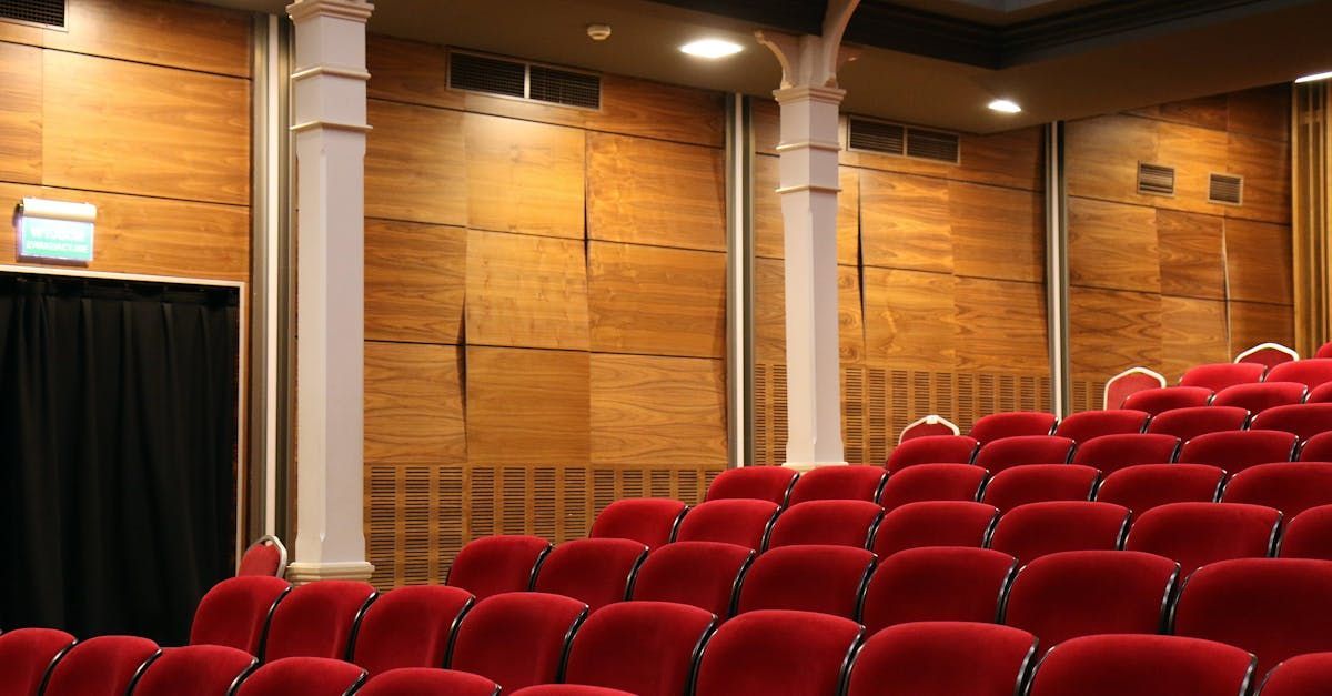 Rows of red velvet theater seats; beige wall panels; white columns; black curtain.