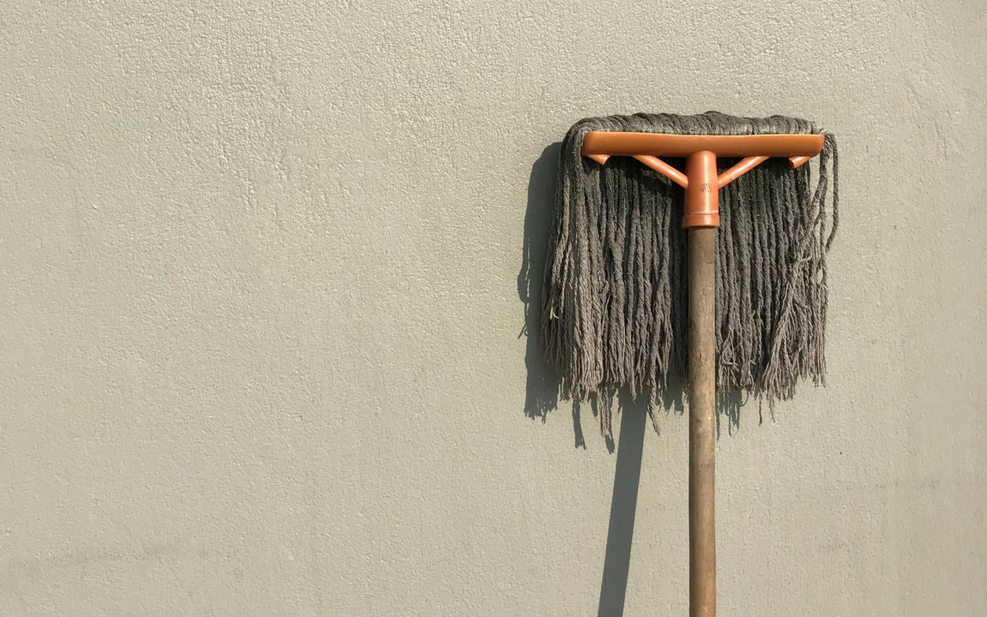 Mop leaning against a pale gray wall, casting a shadow.