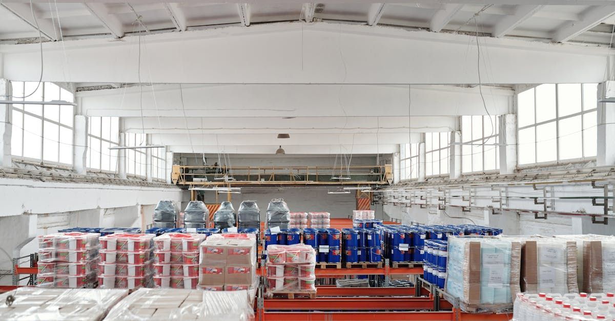 Warehouse interior with pallets of packaged goods under a high ceiling.