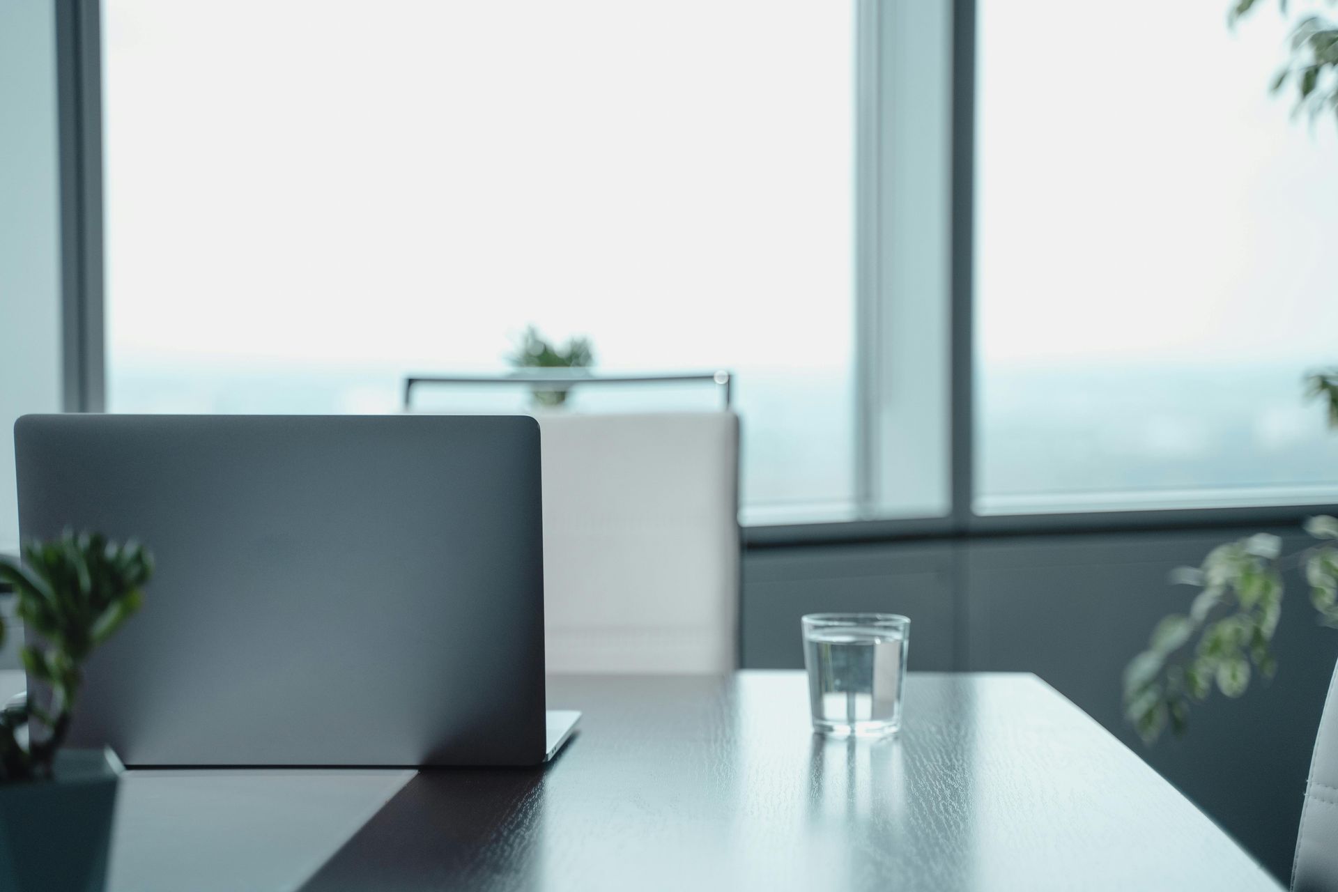 Laptop on a desk with a glass of water and plants, next to a window with a view.