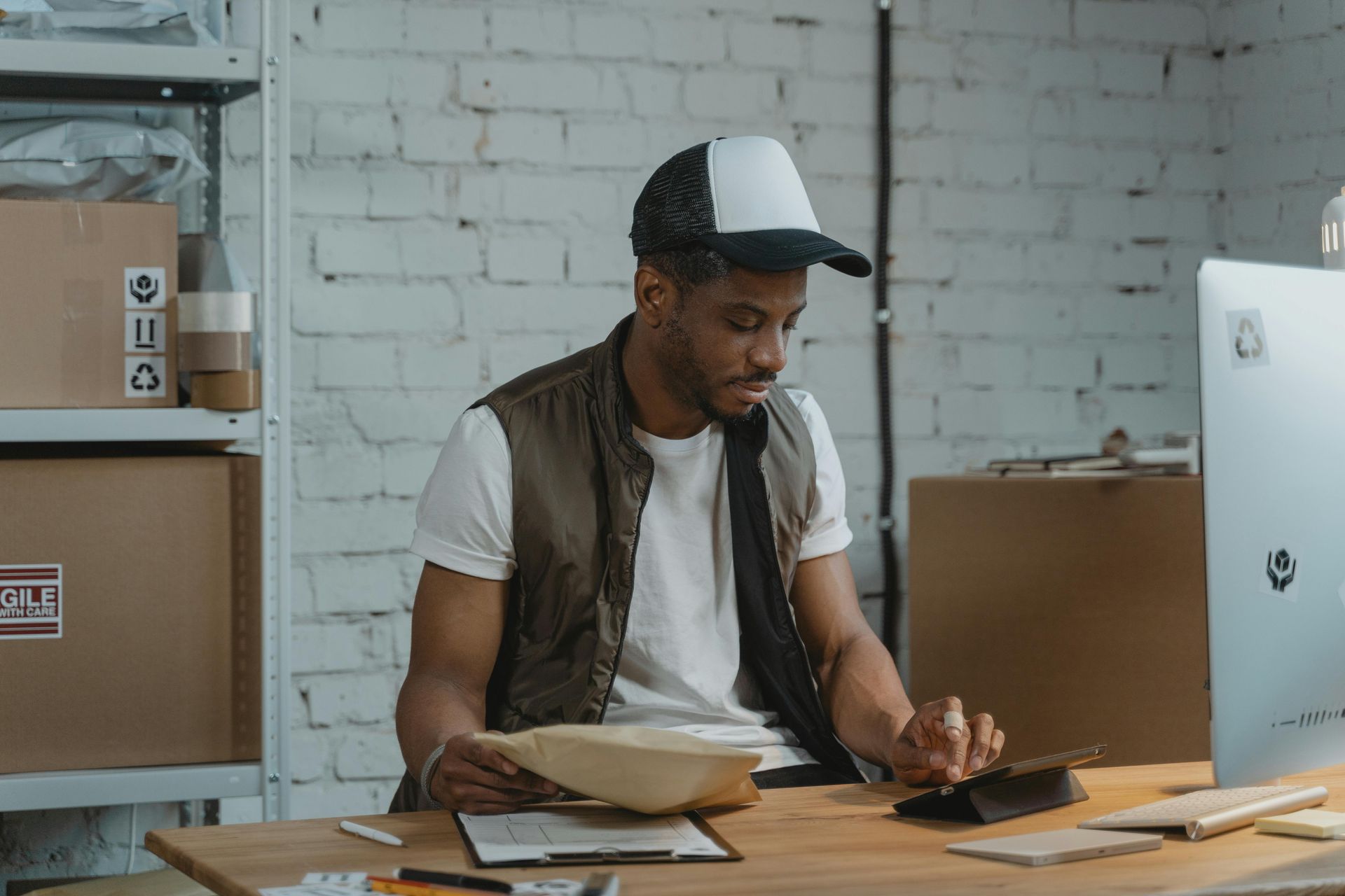 Man in a cap and vest, working at a desk with papers and calculator, surrounded by boxes and computer.
