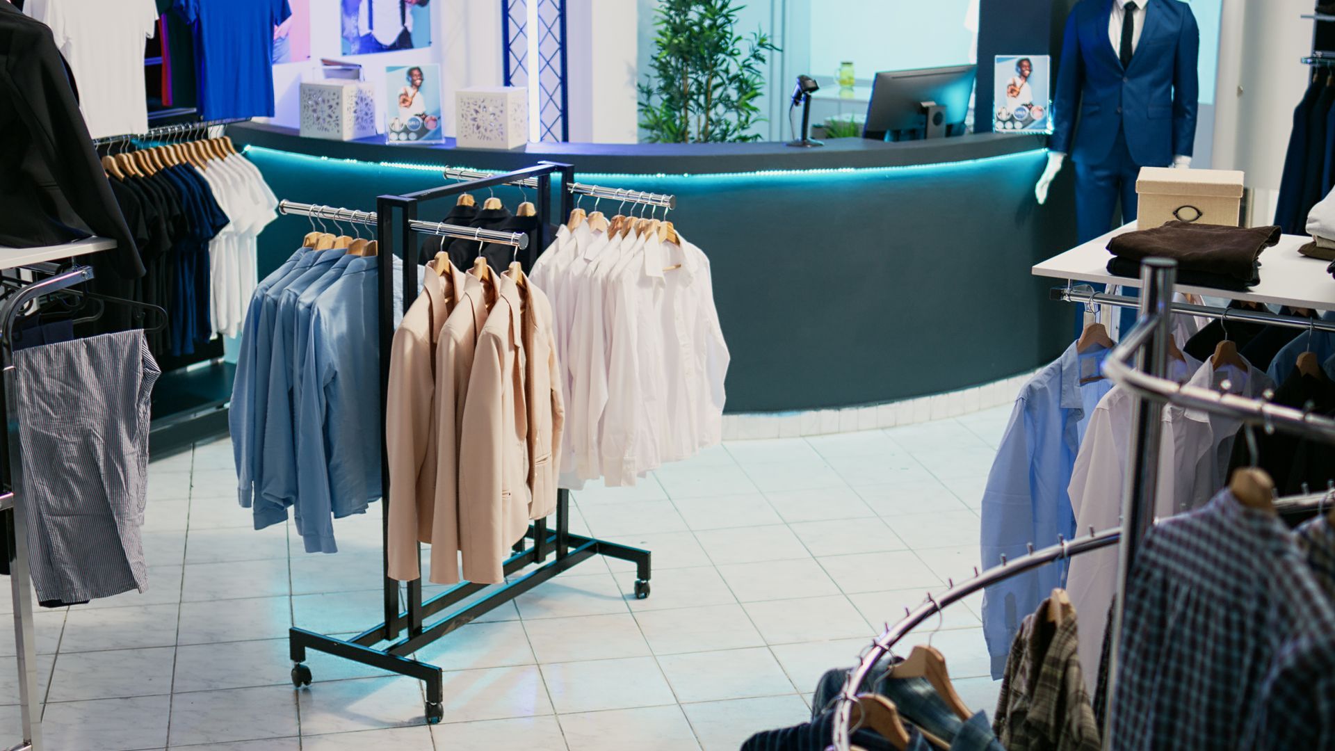 Clothing store interior with clothing racks and a blue-lit reception desk.