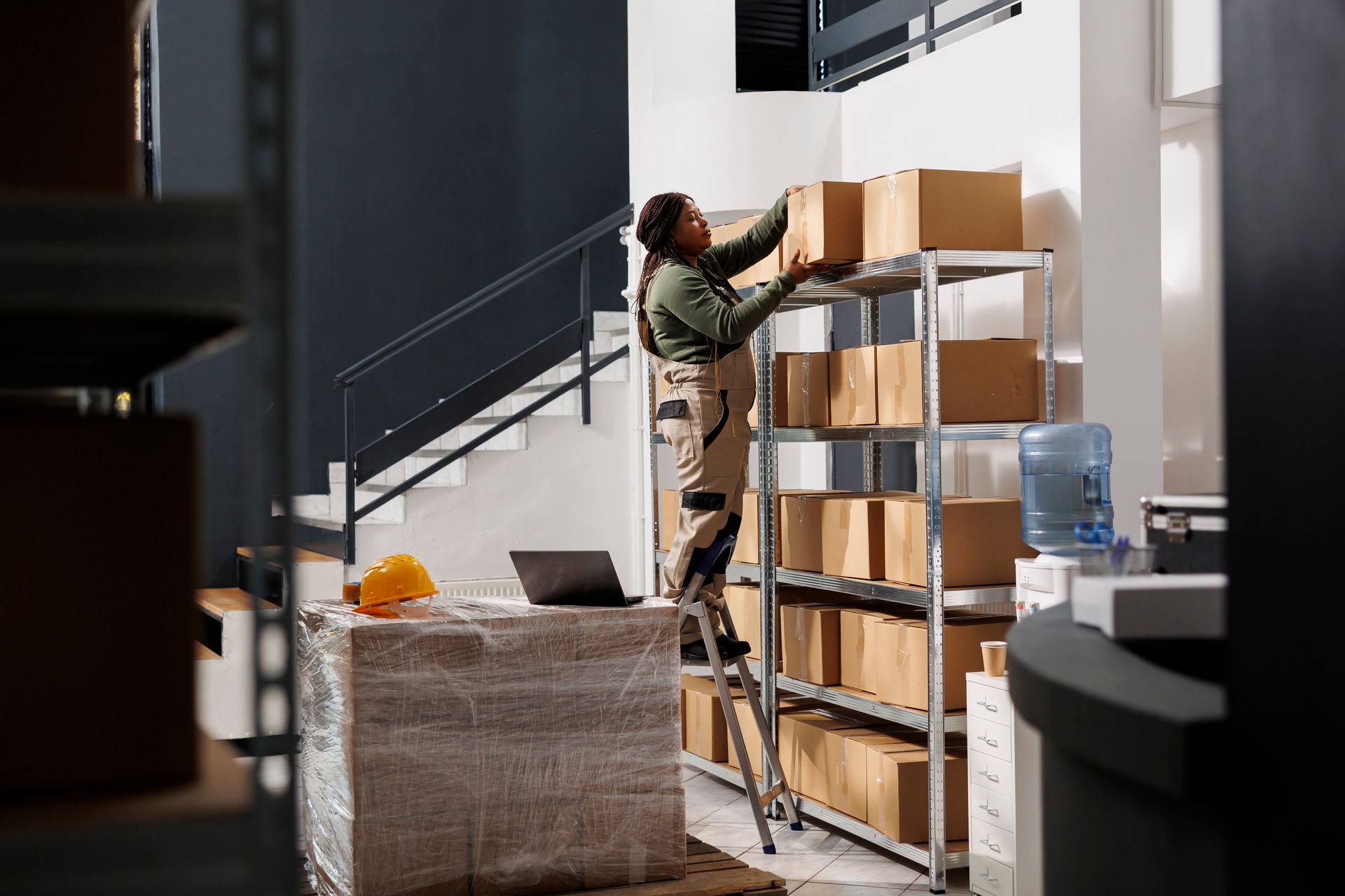 Person on stepladder placing boxes on a shelf in a warehouse setting.