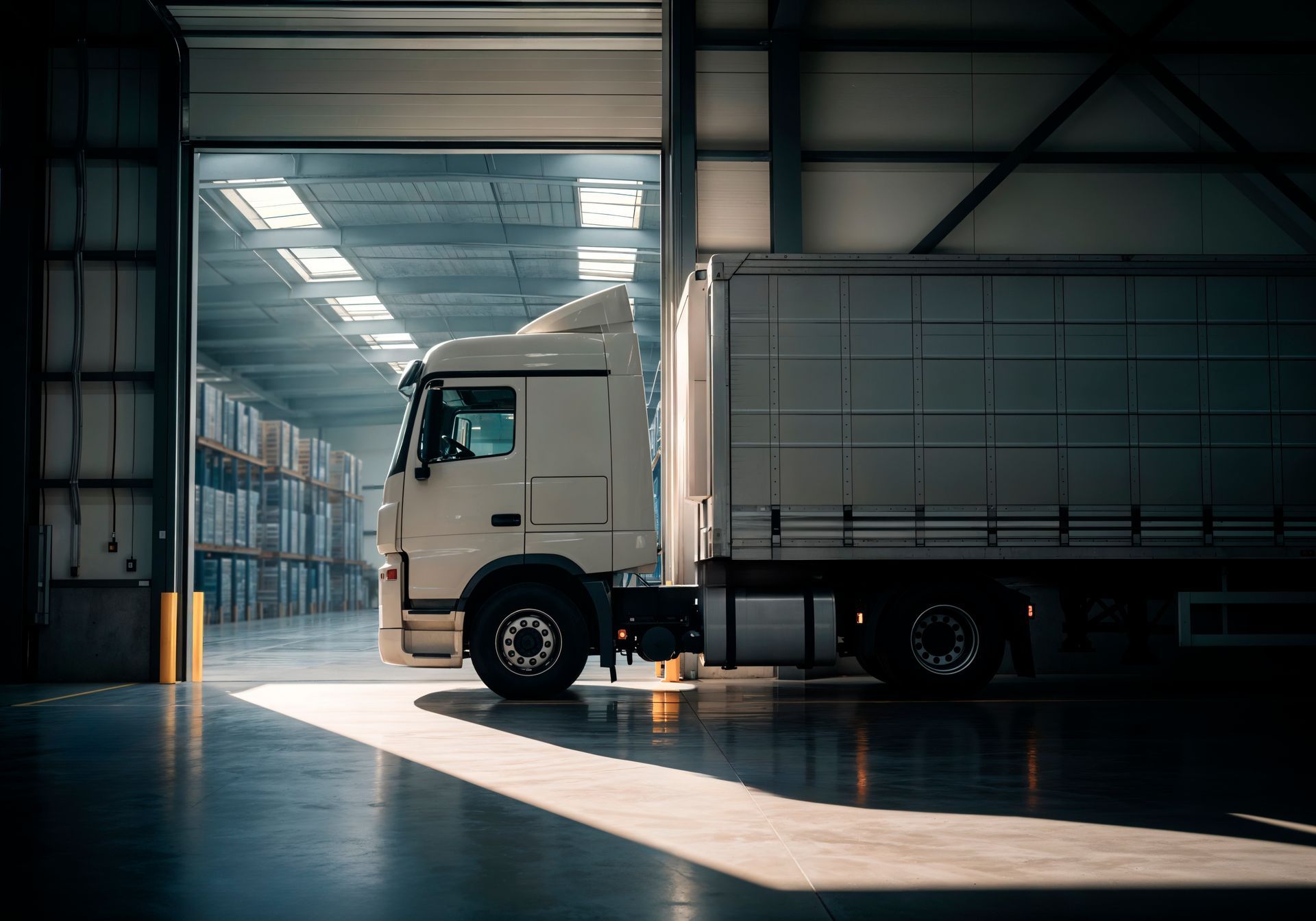 White semi-truck loading at warehouse door.