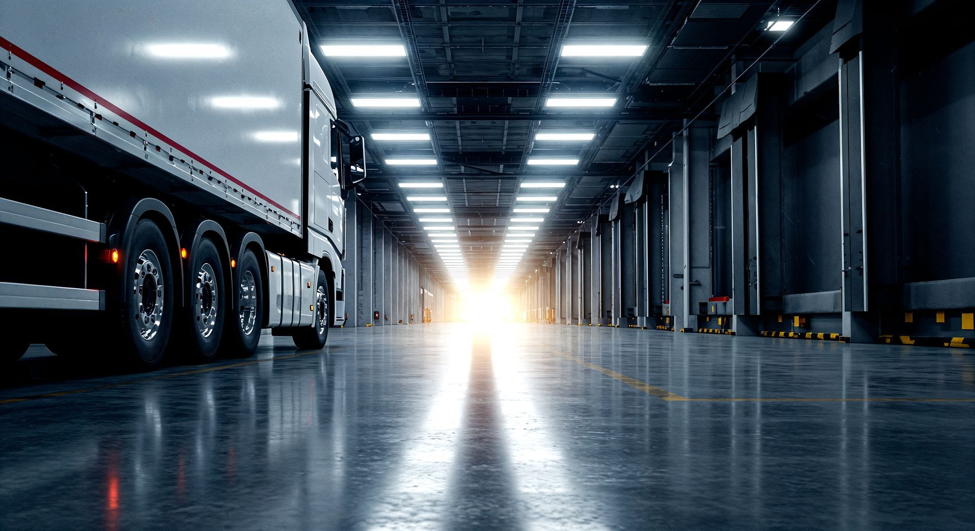 Semi-truck in a bright warehouse, driving towards the light at the end of the long corridor.