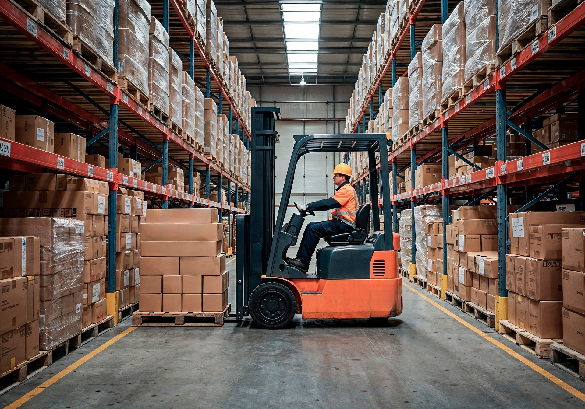 Forklift operator in orange vest, driving in a warehouse aisle filled with boxes on shelves.