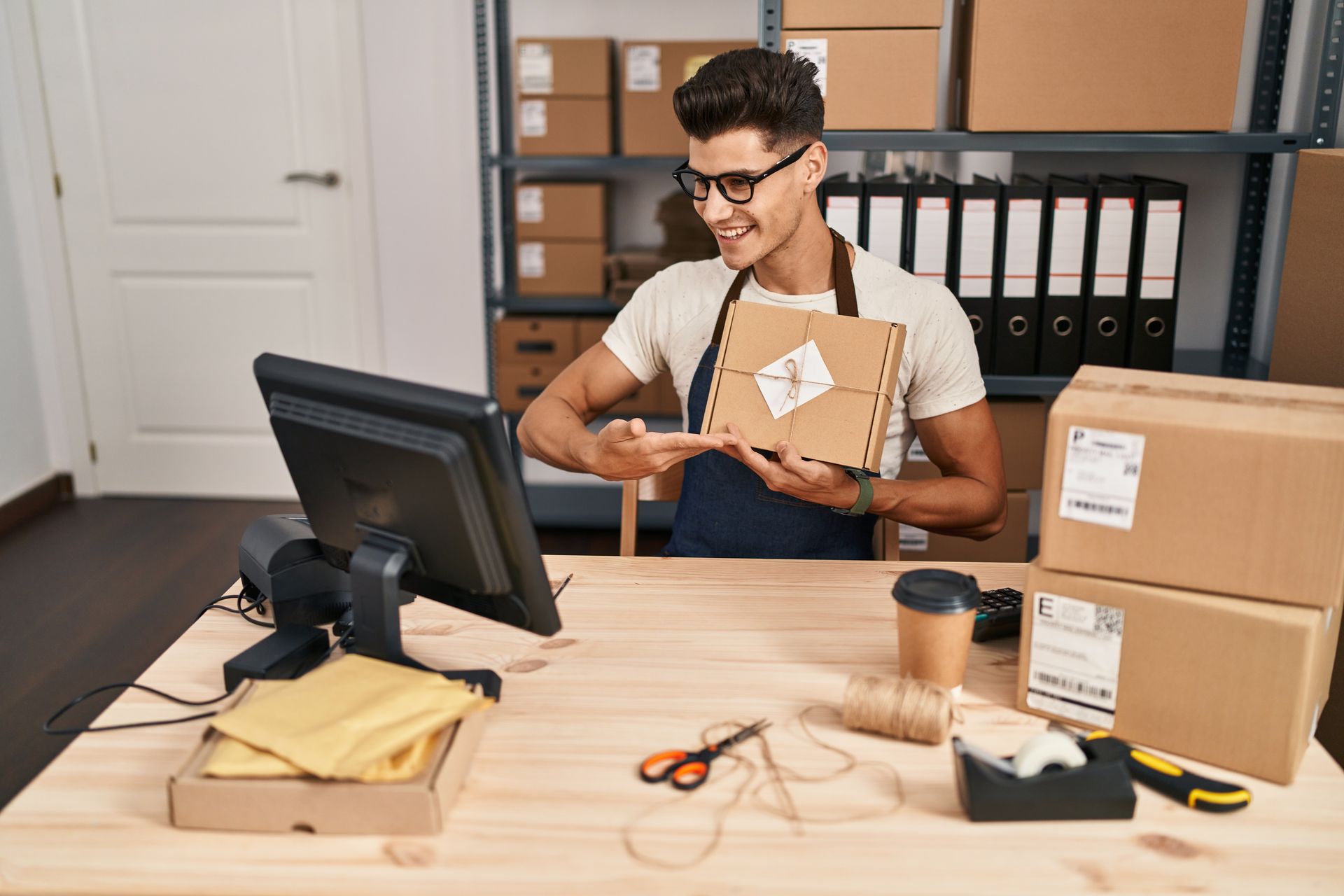 Man in apron showing package on computer call in a packing room.