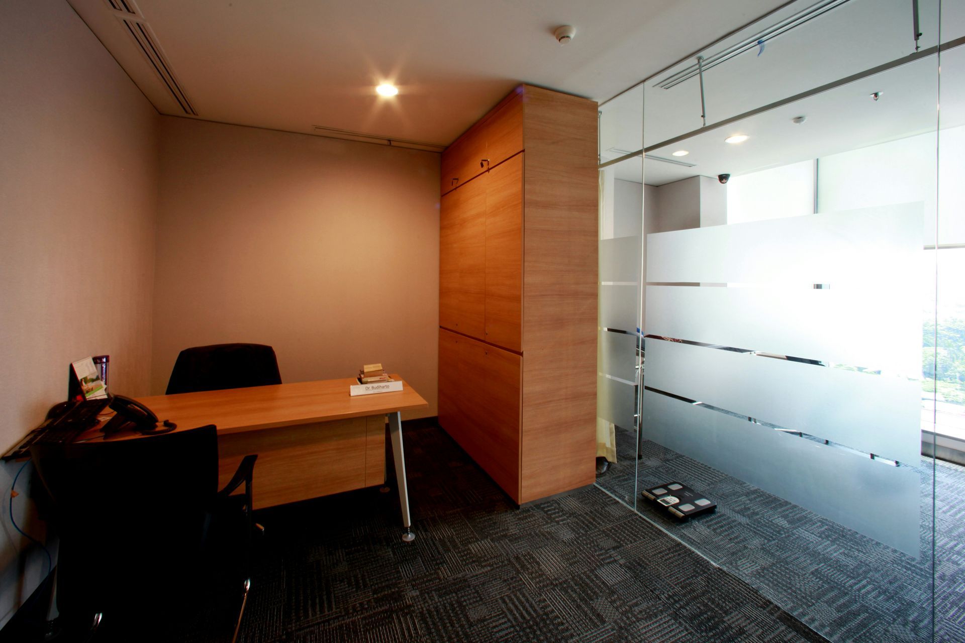 Office space with desk, chair, and frosted glass wall. Dark carpet and wood paneling.