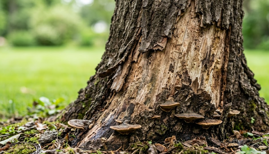 Close-up view of a sick tree trunk with peeling bark and fungal growth at the base, highlighting common tree ailments.