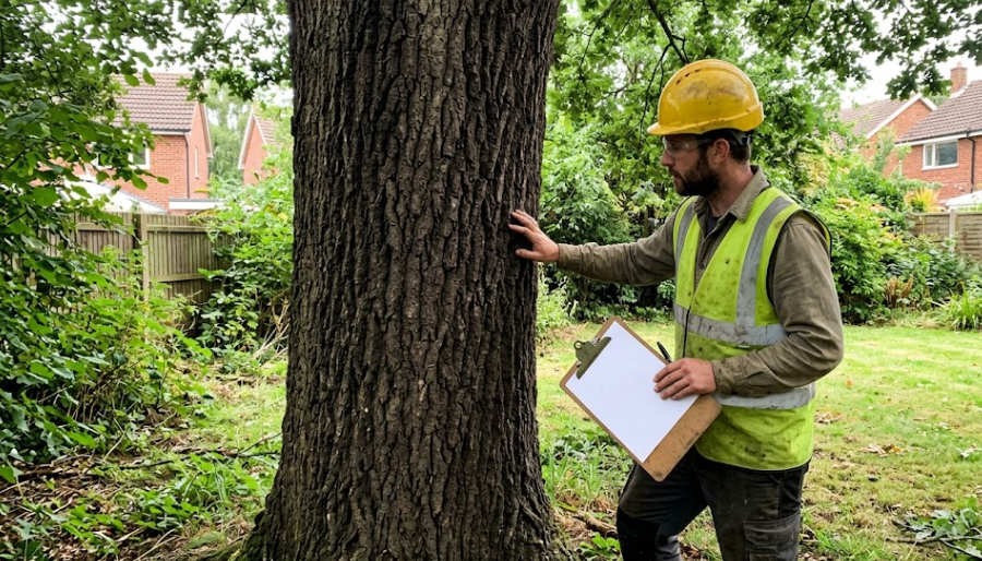A certified arborist from Tree Service of Charlottesville inspecting a large tree trunk for signs of disease in a sunny backyard.