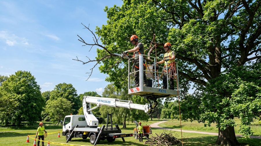 Professional tree service team using a bucket lift to safely prune dead branches and restore poor tree health.