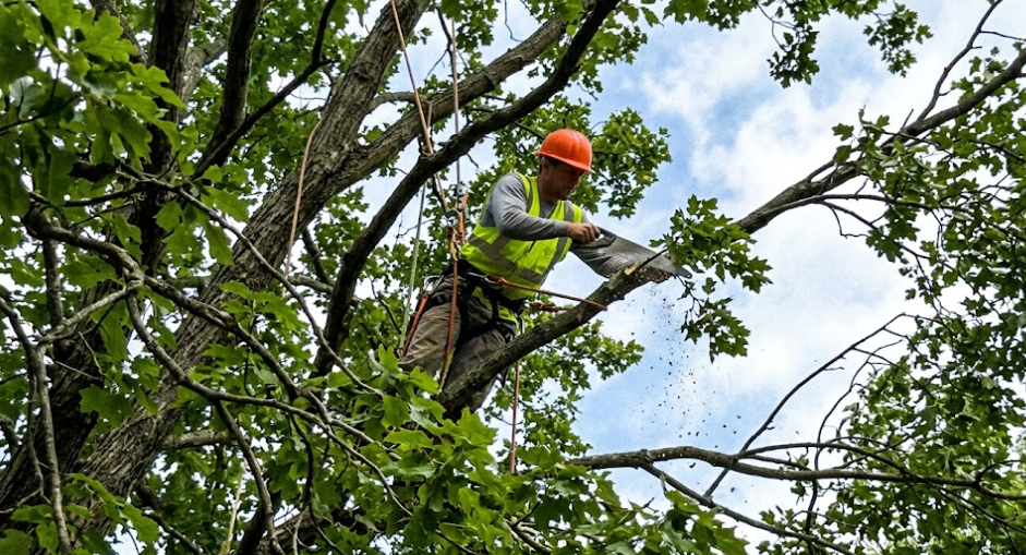 A certified tree expert safely suspended in a tree harness pruning branches on a sunny day.