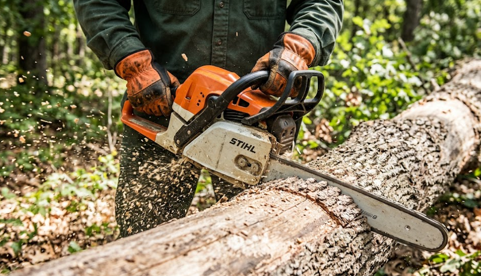 Expert worker using a chainsaw to cut a fallen tree trunk during storm cleanup in Charlottesville VA.