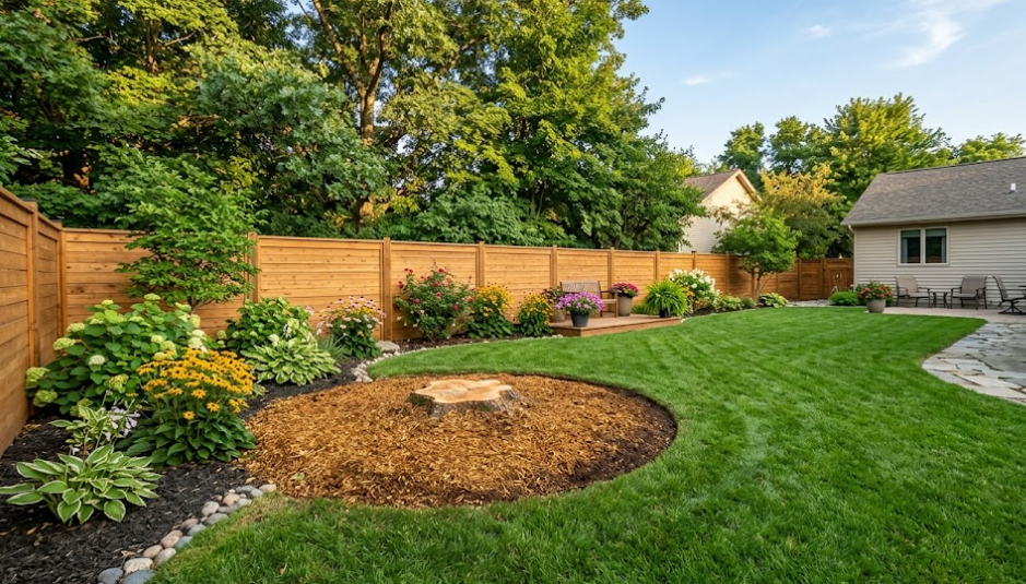 Clean and safe backyard after complete tree removal service and stump grinding in Charlottesville.
