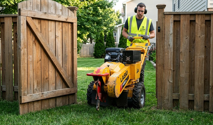 A compact stump grinding machine easily fitting through a residential backyard fence gate.