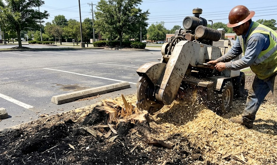 Commercial stump grinding service removing an old tree stump to make a business property safe and flat.