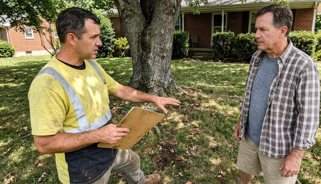 A friendly tree pest control specialist giving a homeowner a tree health estimate in Albemarle County.