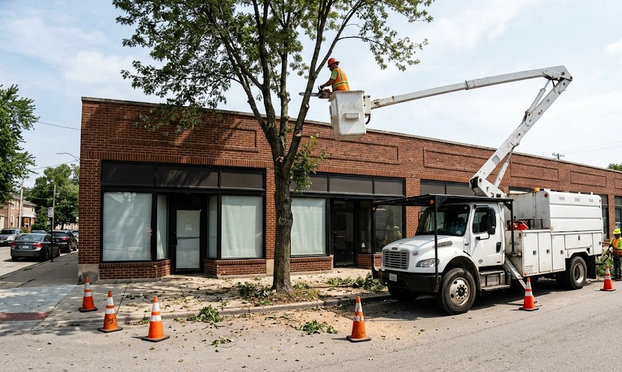 Professional tree service crew using a bucket truck to safely trim tree branches away from a business storefront.