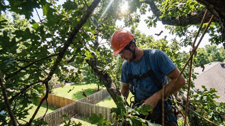 Professional tree service worker safely trimming a large oak tree in Albemarle County.