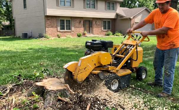 Professional tree service worker using a stump grinder machine to remove a tree stump from a lawn.