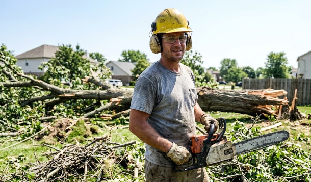 professional tree service worker in safety gear standing in front of a fallen oak tree in Charlottesville.