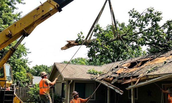 A heavy-duty crane safely lifting a large tree branch away from a house roof during an emergency removal.