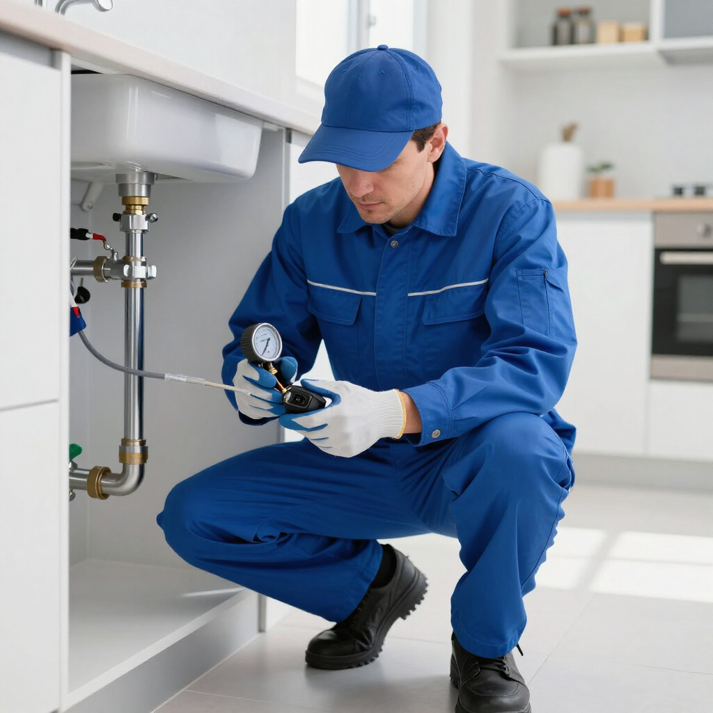 Fontanero con uniforme azul reparando tuberías debajo de un fregadero en una cocina luminosa.