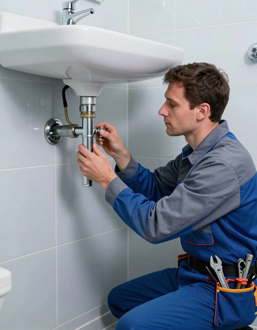 Fontanero reparando tuberías debajo de un lavabo suspendido en un baño alicatado.