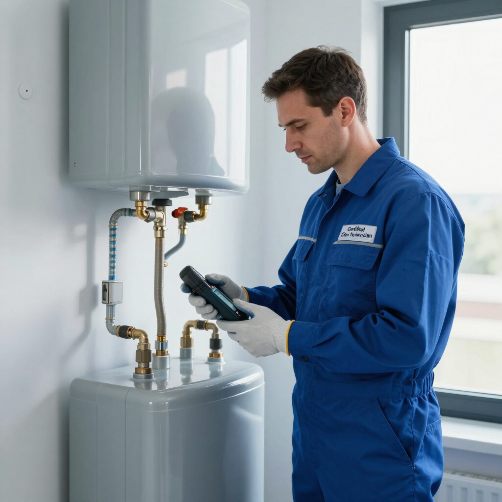 Técnico con mono azul inspeccionando un calentador de agua con contador digital en un cuarto de servicio.