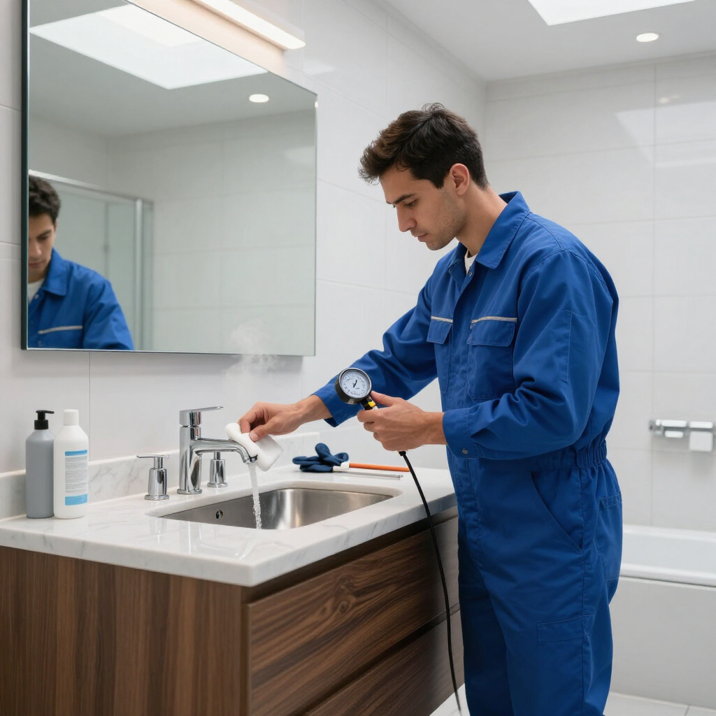 Un trabajador con mono azul utiliza un manómetro en el lavabo de un baño en una habitación limpia y alicatada.