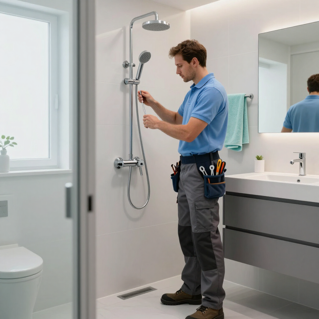 Un fontanero ajusta la grifería de la ducha en un baño moderno y luminoso.