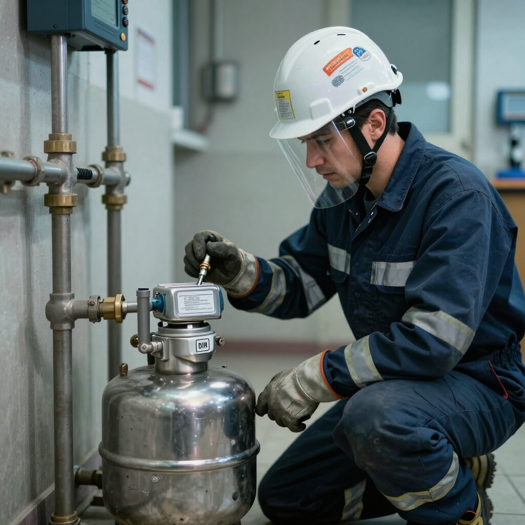 Un trabajador con casco inspecciona un cilindro de gas metálico con un manómetro en una instalación industrial.